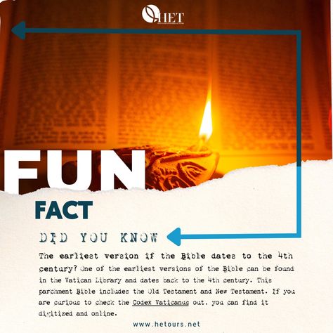 Fun Fact Did You Know The earliest version of the Bible dates to the 4th century? One of the earliest versions of the Bible can be found in the Vatican Library and dates back to the 4th century. This parchment Bible includes the Old Testament and New Testament. If you are curious to check the Codex Vaticanus out, you can find it digitized and online. #Hetours #Bible #Facrts #FunFacts #DidYouKnow Interesting Bible Facts, Did You Know Bible Facts, Fact Vs Myth, Historical Facts Creepy, Did You Know Facts About Coffee, Vatican Library, Bible Versions, Old Testament, New Testament