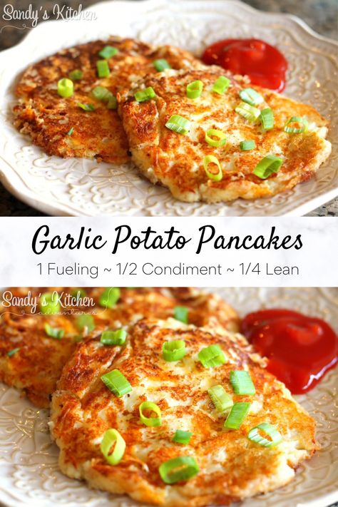 These Garlic Potato Pancakes are delicious and make the mashed potato fueling even more yummier! They are slightly crispy on the outside, but still have the soft creamy texture of mashed potatoes on the inside! Potato Fueling Hack, Optavia Vegetarian Recipes, Optavia Mashed Potatoes Hack, Optivia Mashed Potatoes Hacks, Fueling Hacks Optavia Mashed Potatoes, Optavia Fueling Hacks Wild Rice Soup, Optavia Mashed Potato Fueling Hack, Optivia 5 And 1 Recipes Breakfast, Optavia Garlic Mashed Potatoes Hack