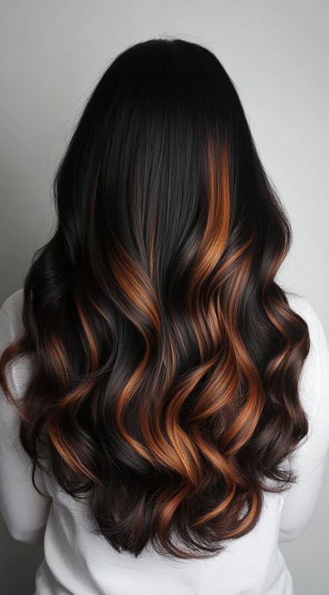 27 Inspiring Black Hair with Brown Highlights Ideas: Gorgeous Styles for a Flawless Look Black Hair Copper Balayage, Color Highlights In Black Hair, Chocolate Brown Ombre Hair, Black Hair With Orange Highlights, Black Brown Ombre Hair, Ginger Highlights In Black Hair, Black Hair With Brown Balayage, Copper Balayage On Black Hair, Black Hair Highlights Ideas