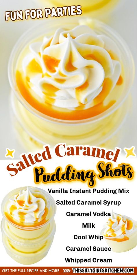 Salted Caramel Pudding Shots, Caramel Pudding Shots, Salted Caramel Pudding, Chocolate Pudding Shots, Pudding Shot Recipes, Easy Salted Caramel, Jello Pudding Shots, Caramel Vodka, Alcoholic Desserts