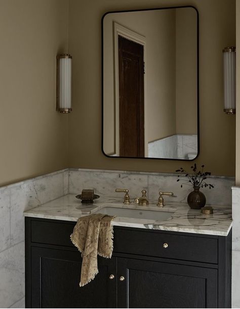 Dark Vanity Bathroom, Moody Bathrooms, Cozy Bathrooms, Moody Bathroom, Dark Wood Bathroom, Powder Room Vanity, Cozy Bathroom, Black Vanity Bathroom, Vanity Shelves