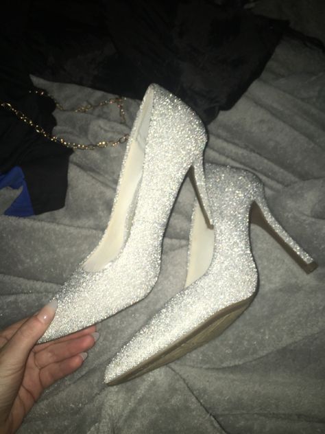 Sparkly Bridal Shoes, Sparkle Heels Aesthetic, White Heels Sparkly, White Glitter Heels, Prom Shoes Glitter, Silver Heels For Prom, Prom Shoes White, Silver Prom Heels, Silver Formal Shoes