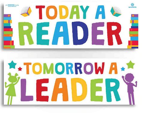 Classroom Reading Banners & Posters | Sproutbrite.com Today A Reader Tomorrow A Leader Wall, Today A Reader Tomorrow A Leader, Library Rules Poster, School Library Posters, Decoration Class, After School Programs, Classroom Awards, Welcome Banners, Bulletin Boards Classroom Decor