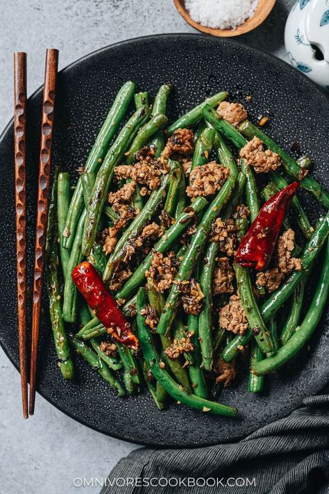 Sichuan dry fried green beans feature blistered green beans tossed with a savory aromatic sauce, making this dish too good to pass up! It’s an addictive side dish and substantial enough to serve as a main. {Vegan Adaptable, Gluten Free Adaptable} Fry Green Beans, Blistered Green Beans, Dry Fried Green Beans, Pickled Mustard Greens, Dried Chili Peppers, Fried Green Beans, Cooking Green Beans, Fried Green, No Bean Chili