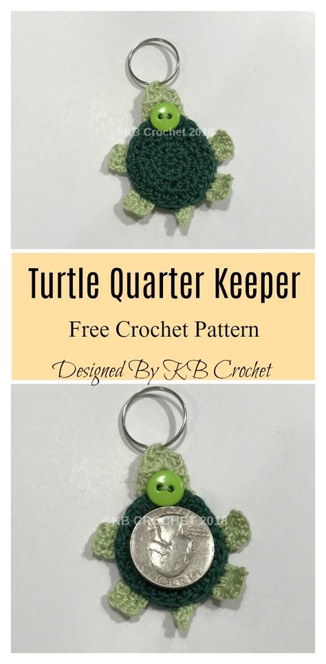 Quarter Keeper Keychain Free Crochet Pattern Knitting Embellishments, Quarter Keeper, Crochet Kindness, Crochet Keychains, Crocheted Stuff, Turtle Keychain, Keychain Pattern, Crochet Angel, Crochet Shell Stitch