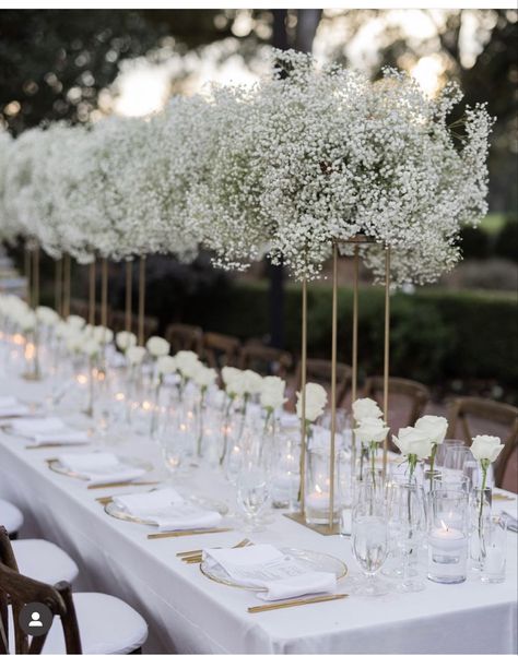 Wedding Flower Set Up, Table Centres Wedding, Wedding Baby Breath Centerpieces, Wedding Floral Centerpieces With Candles, Candle And Baby Breath Centerpieces, White And Cream Wedding Theme, Wedding Decor Baby Breath, Wedding Decor Ideas Elegant Receptions, Wedding Flower Arrangements Table Centerpiece Ideas