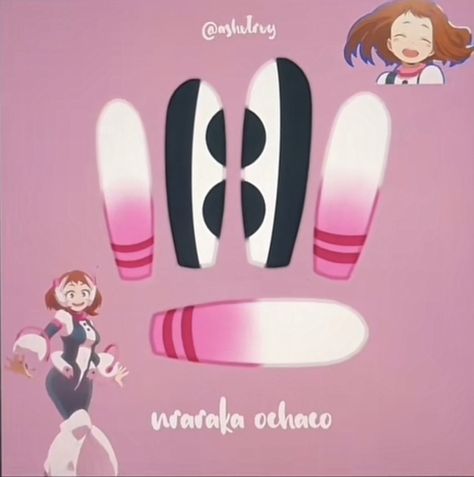 Uraraka Nails, My Hero Nails, Mha Inspired Nails, Mha Jewelry, Mha Nail Designs, Easy Anime Nails, My Hero Academia Inspired Nails, My Hero Academia Nails, Simple Anime Nails