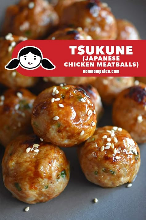 Tsukune, savory Japanese grilled ground chicken meatballs, can easily be made Whole30-friendly at home. Along the way, I’ve simplified the process even further so you can broil them in the oven any time you’re craving these umami-packed bites! #whole30 #paleo #nomnompaleo #chickenmeatballs #glutenfree #japanesefood Ground Chicken Meatballs, Japanese Chicken, Grilled Chicken Skewers, Paleo Sides, Nom Nom Paleo, Keto Dinners, Lo Mein, Japanese Recipes, Whole30 Recipes