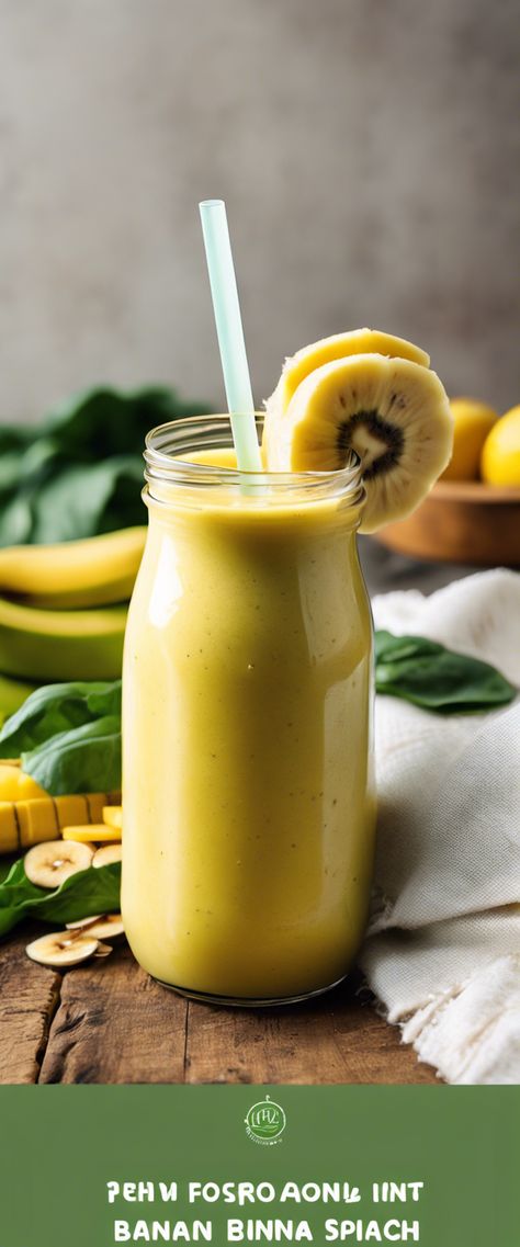 A sunny yellow smoothie made from banana and spinach in a glass on a rustic wooden table with fruit slices and a bamboo straw. Quick Breakfast Smoothies, Banana Spinach Smoothie, Fruit Slices, Spinach Smoothie, Fruit Slice, Natural Detox, Colorful Fruit, Strawberry Banana, Yummy Smoothies