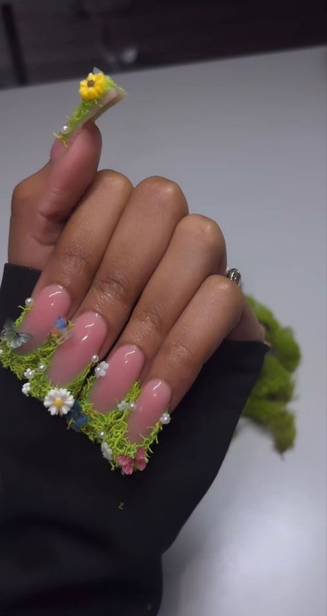 Grass Duck Nails, Moss Duck Nails, Tropical Duck Nails, Medium Duck Nails Acrylic, Earth Nails Designs, Grass Nail, Freestyle Nails, Bad Nails, Medium Nails