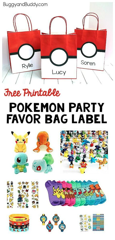 Pokemon Party Favor Bag: Make a simple pokeball treat bag for your Pokemon themed birthday party using our free printable that can be personalized. You'll also find Pokemon party favor gift ideas! ~ BuggyandBuddy.com Pokemon Party Bags, Birthday Party For Men, Pokemon Favor, Pokemon Party Favors, Pokemon Bag, Pokemon Themed Party, Pokémon Birthday, Pokémon Party, Kids Holidays