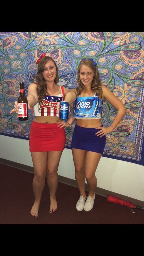 Budlight and Budwieser Halloween Costume Budlight Halloween Costume, Bartending Halloween Costumes, Alcohol Inspired Halloween Costumes, Bud Light Costume, Bar Halloween Costumes, Beer Halloween Costumes, Natty Light, Beer Costume, Nascar Costume