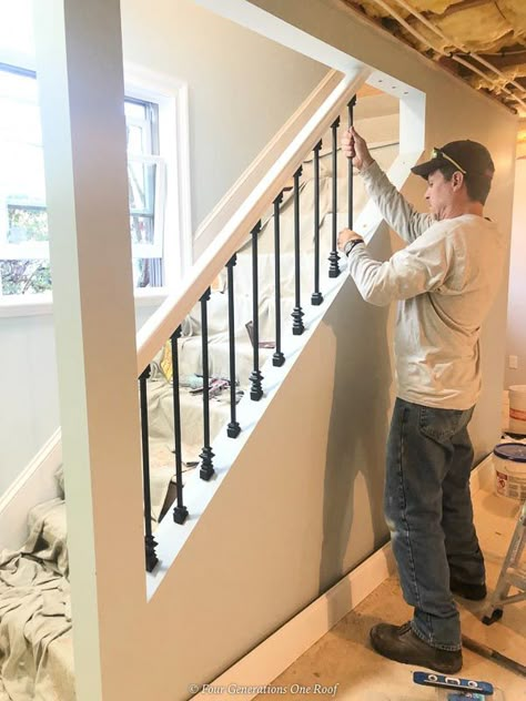 See why Why We Opened Up our Basement Staircase and Installed Iron Balusters on a budget to create an open concept feel in our basement. #diystairs #stairsdecor Open Basement Stairs, Basement Stairway, Basement Stair, Basement Staircase, Stairs Makeover Ideas, Open Basement, Basement Stairs Ideas, Removing A Wall, Basement Decoration