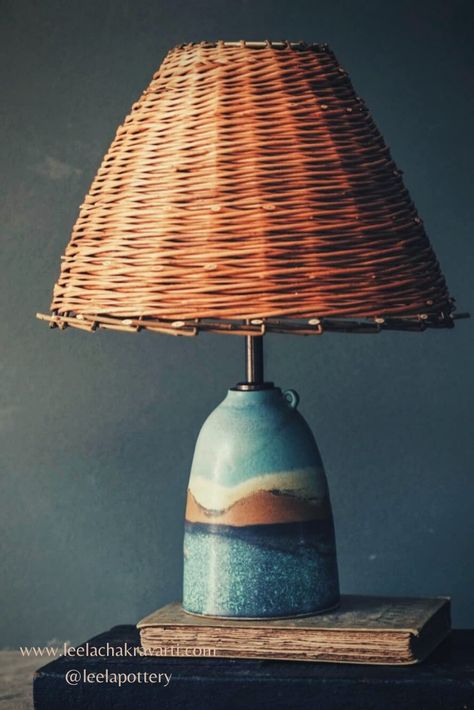 Lamp with woven willow shade, lamp base glazed in greens and browns to look like a coastal scene Throw Pottery, Coastal Colours, Handmade Lamp, Wheel Throwing, Coastal Colors, Wheel Thrown Pottery, Handmade Lamps, Ceramic Studio, Woven Top