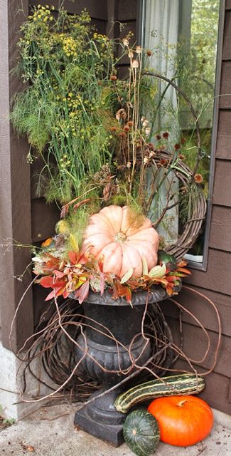 Garage Halloween Party, Fall Urns, Garage Halloween, Outdoor Decorations Halloween, Fall Urn, Front Porch Decor Fall, Thanksgiving Mantle, Fall Container Plants, Halloween Doors