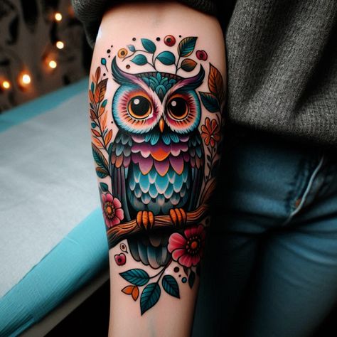 Discover elegant owl tattoo ideas 🦉✨ that symbolize wisdom and mystery. Perfect for those seeking a meaningful and beautiful tattoo. #ai #tattoo #tattoo_for_woman #tattoo_ideas #tattoo_for_man Owl Tattoo Ideas, Traditional Owl Tattoos, Colorful Owl Tattoo, Tattooed Man, Cute Owl Tattoo, Bright Tattoos, Blue Rose Tattoos, Woman Tattoo, Tattoos Women