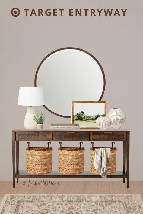 Target entryway mood board with a wood console table Entry Table With Mirror, Rustic Entry Table, Long Entryway Table, Decor Mood Board, Entryway Table With Storage, Console Table Entryway, Console Table Lamp, Drawer Console, Console Table Decorating