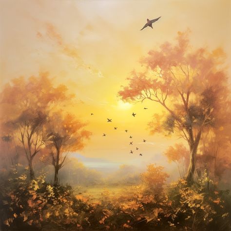 Amidst the lilting melody of the rustling leaves and the soft murmurs of the gentle breeze, the ethereal beauty of the sunset painted the sky in shades of gold and rose. Sunrise Fantasy Art, Dreamy Sunset Painting, Golden Sunset Painting, Golden Forest Painting, Sunset Deer Painting, Shades Of Gold, Sunset Painting, Fantasy Art Landscapes, Ethereal Beauty