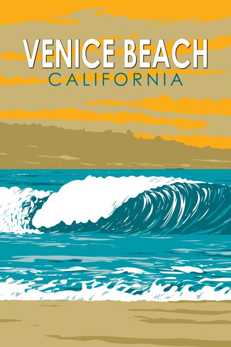 Retro-style Venice Beach poster with crashing ocean waves. Vintage Beach Posters, Venice Beach California, California Destinations, Old Advertisements, Beach Posters, California Art, Beach California, Venice Beach, Vintage Beach