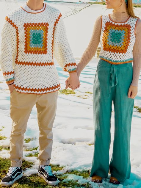 Granny square vest & long sleeve Couples Crochet Outfit, Crochet Couple Outfit, Couples Crochet, Crochet Vest Outfit, Crochet Outfits, Couples Outfit, Crochet T Shirts, Effortlessly Chic Outfits, Crochet Creations