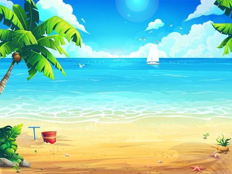 Beach Drawing Background, Beach Cartoon Background, Anime Beach Background, Summer Beach Drawing, Beach Illustration Art, Beach And Palm Trees, Palm Tree Background, Background Sea, Beach Vector