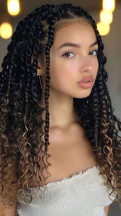 Goddess Natural Braids, Blonde Passion Braids, Black Locs With Blonde Highlights, Hair Braiding Styles Black Women, Curly With Braids, Protection Braids, Elegant Braided Hairstyles Black Women, Knotless Passion Twists, Curly Braids Hairstyles