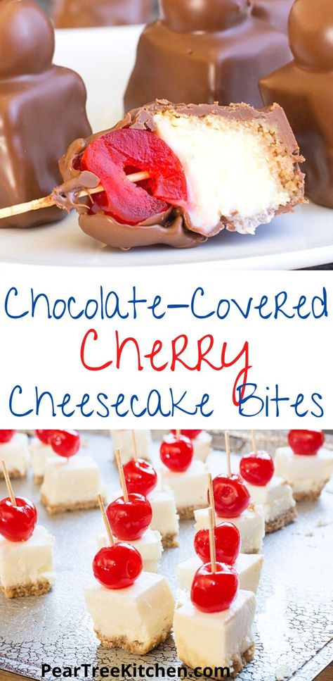 Chocolate Covered Cherry Cheesecake Bites - Everyone loves this quick and easy snack recipe for cheesecake pieces with a cherry on top then coated in chocolate. The perfect marriage of a chocolate-covered cherry and a chocolate-dipped cheesecake. Why choose one when you have both in this dessert. Chocolate Covered Cheesecake On A Stick, Bite Size Cheesecake, Dipped Cheesecake, Cherry Cheesecake Bites, Amish Baking, Chocolate Dipped Cheesecake, Recipe For Cheesecake, Chocolate Covered Pineapple, Cherry Cheesecake Dip