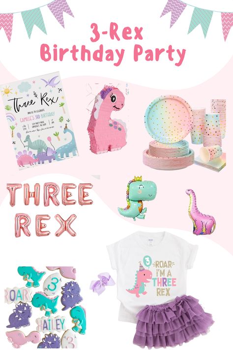 Pastel rainbow colors (blue, pink, green, yellow) to celebrate your dinosaur loving toddler turning three! Party supplies and decor found on @etsy and @amazon ! Pastel Rainbow Dinosaur Party, Girl Three Rex Birthday Party, 3rex Birthday Party Girl, Three Rex Birthday Party Girl, 3 Rex Birthday Party, 3rd Birthday Party For Girls Ideas, 3 Rex Birthday, 3rd Birthday Party For Girls, Toddler Girl Birthday Party