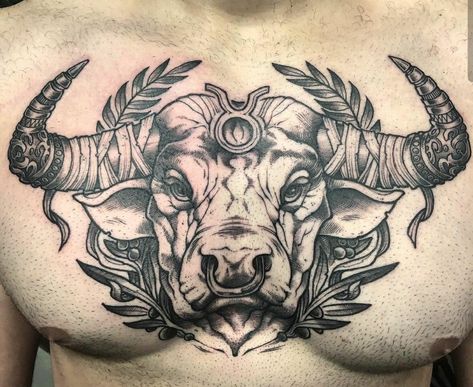 Bull Vs Bear Tattoo, Bull Tattoo Chest, Taurus Chest Tattoo, Bull And Bear Tattoo, Bull Tattoo Design For Men, Taurus Tattoo Men, Taurus Tattoo Design, Tattoo Chest And Shoulder, Ox Tattoo