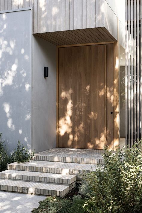 Timber Front Door, Black Interiors, Timber Stair, Black Houses, Entry Stairs, Concrete Stairs, Timber Door, Entry Hallway, Timber Cladding