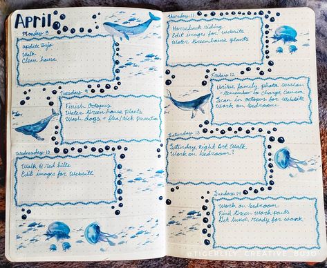 Border Design Ocean Theme, Cute Notes Layout, Ocean Themed Journal, Ocean Design Ideas, Beach Journal Ideas, Journal Beach Theme, Blue Theme Journal, Ocean Bullet Journal, Ocean Drawings