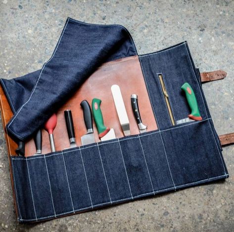 Diy Leather Tools, Leather Knife Roll, Chef Bag, Leather Tool Roll, Chef Knife Bags, Tool Pouches, Nick Offerman, Diy Knife, Knife Bag