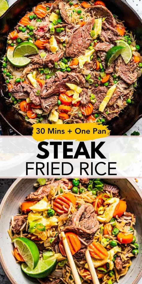 This steak fried rice recipe combines tender steak, veggies, and leftover rice in a garlicky stir-fry sauce. Made from scratch in 30 minutes! #steak #friedrice #homemade Fast Fry Steak Recipes, Steak Casserole Recipes, Steak Stir Fry Recipes, Steak Fried Rice Recipe, Diethood Recipes, Steak Fried Rice, Easy Steak Dinner, Leftover Steak Recipes, Steak Veggies