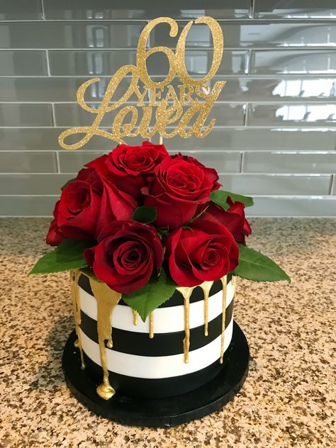 Cake With Red Roses, Striped Cake, Gold Birthday Cake, 60th Birthday Cakes, Red Cake, 40th Birthday Cakes, Rose Cake, Gold Birthday, Drip Cakes