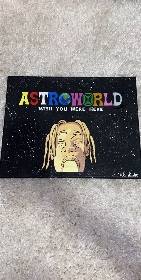 Song Cover Paintings, Juice World Paintings Canvas, Astro World Painting, Travis Scott Painting Canvas, Album Painting Ideas, Astroworld Painting, Easy Album Covers To Paint, Album Cover Canvas Painting, Album Paintings On Canvas