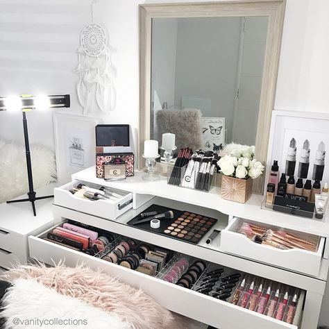 VANITY COLLECTIONS on Instagram: “This layout in my IKEA Malm dressing table and Alex add on unit 😍 My new fave. I love it for so many reason. . 1) Maximum utilisation of…” Diy Makeup Vanity Table, Ikea Malm Dressing Table, Malm Dressing Table, Makeup Vanity Case, Makeup Vanity Decor, Makeup Vanities, Makeup Organization Vanity, Makeup Desk, Makeup Table Vanity