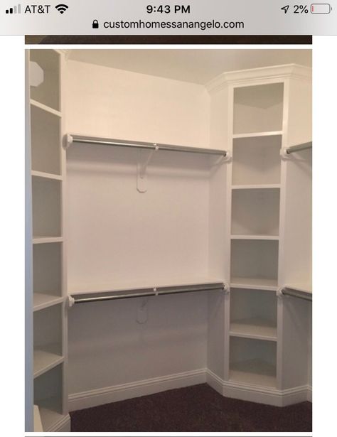 Corner Shelving In Closet, Small Master Closet Design Layout Corner, Master Closet Design Layout, Closet Corners, Small Walk In Closet Organization, Easy Closet Organization, Diy Closet System, Master Closets, Closet Organization Cheap