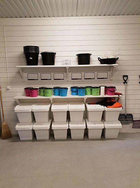 Feed Room Horse, Tackroom Organization, Feed Room Organization, Stable Ideas Tack Room, Horse Tack Room Organization, Tackroom Ideas Equestrian, Feed Room Ideas Barn, Horse Barn Organization, Tack Shed Ideas