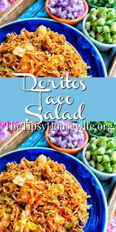 A crunch taco salad with savory taco meat and crispy nacho chips. Cheddar Cheese and french dressing give it some zing. #recipes #salad Taco Salad With French Dressing Doritos, Recipes With French Dressing In It, French Dressing Taco Salad Recipe, French Dressing Taco Salad, Recipes With French Dressing, Taco Salad With French Dressing, Lake Appetizer, Salad With French Dressing, Chip Salad