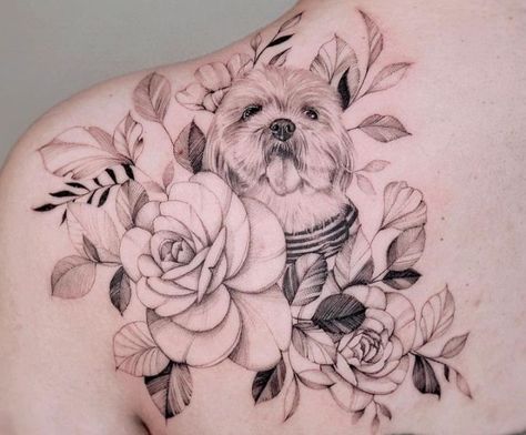 Shih Tzu Memorial Tattoo, Dog Portrait Tattoo Flowers, Dog Flower Tattoo, Shih Tzu Tattoo, Ear Outline Tattoo, Marley Tattoo, Brown Tattoo Ink, Tattoo Memorial, Ear Outline