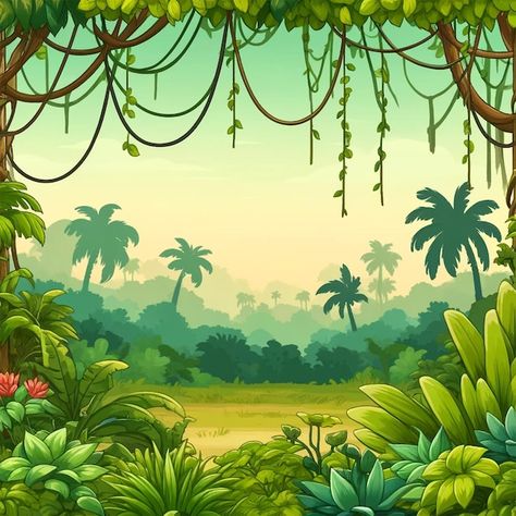 Foto paisaje de dibujos animados de la s... | Premium Photo #Freepik #photo #ilustracion-libros-ninos #vibrante-escena-jungla #fondo-follaje-exuberante #paisaje-selva-dibujos-animados Jungle Scenery Landscapes, Jungle Illustration Background, Safari Background, Jungle Landscape, Jungle Background, Amazon Forest, Jungle Illustration, Forest Backdrops, Jungle Art