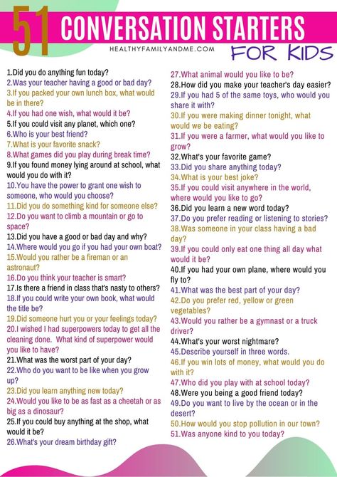 conversation starters for kids list Kid Conversation Starters, Kids Conversation Starters, Family Conversation Starters, English Conversation For Kids, Conversation Starter Questions, Conversation Starters For Kids, Questions For Kids, Kids Questions, Family Conversation