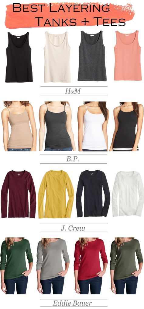 Best Shirts for Layering | Tank Tops + Long Sleeve Tees #fallfashion #winterfashion #winterstyle #layers #tanktop #tees Best Layering Tee Shirts, Layer Tank Top Outfits, Elastane Tank Top For Layering, Classic Tank Top For Layering, Tank Top Layered Over Long Sleeve Shirt, Basic Solid Tank Top For Layering, Versatile Cotton T-shirt For Layering, Layering Tank Tops Outfits, Ingenue Natural