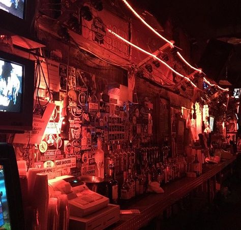 Inspiration for the bar Bones in Maeve's Book of Beasts, book one of the #DragonFate series of #paranormalromances by #DeborahCooke Chicago Punk Scene, Punk Bar Aesthetic, Basement Punk Shows, Aesthetic Bars, Goth Bar, Grunge Bar, Cheap Bar, City Of Evil, Dark Bar