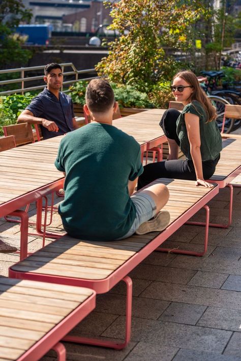 Vestre Furniture, Social Table, Patio Bench Seating, Community Outdoor Spaces, Outdoor Table And Bench, Outdoor Table Bench, Park Furniture, Public Furniture, Park Seating