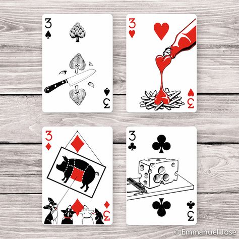 The Delicious deck by Emmanuel Jose. Delicious: https://www.kickstarter.com/projects/emmanueljose/delicious-playing-card-deck-uspcc-printed Deck Of Card Drawing, Homemade Deck Of Cards, Drawing Of Cards, Card Decks Design, Drawing Playing Cards, Play Cards Drawing, Drawings On Playing Cards, Drawing On Cards Deck, Deck Of Cards Design Ideas