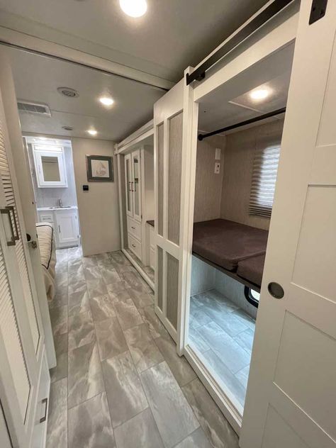 Rv With Bunk Beds, Rv Bunk Beds, Backyard Guest Houses, Class A Rv, House Backyard, Bed Floor, Top Bunk, Work Remotely, Working Remotely