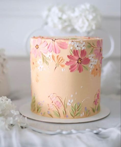 Butter Cream Birthday Cake, Palette Knife Cake, Cake Painting Tutorial, Spring Cake Designs, Floral Cake Birthday, Cake Painting, Spring Cake, Flowers Cake, Cake Inspo