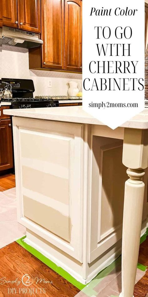 Painted Island With Dark Wood Cabinets, Best Kitchen Paint Colors With Cherry Cabinets, Stained Kitchen Cabinets With Painted Island, White And Cherry Kitchen Cabinets, Cherry Cabinets With White Island, Cherry And White Kitchen Cabinets, Painting A Kitchen Island, White Washed Cherry Cabinets, How To Modernize Cherry Cabinets