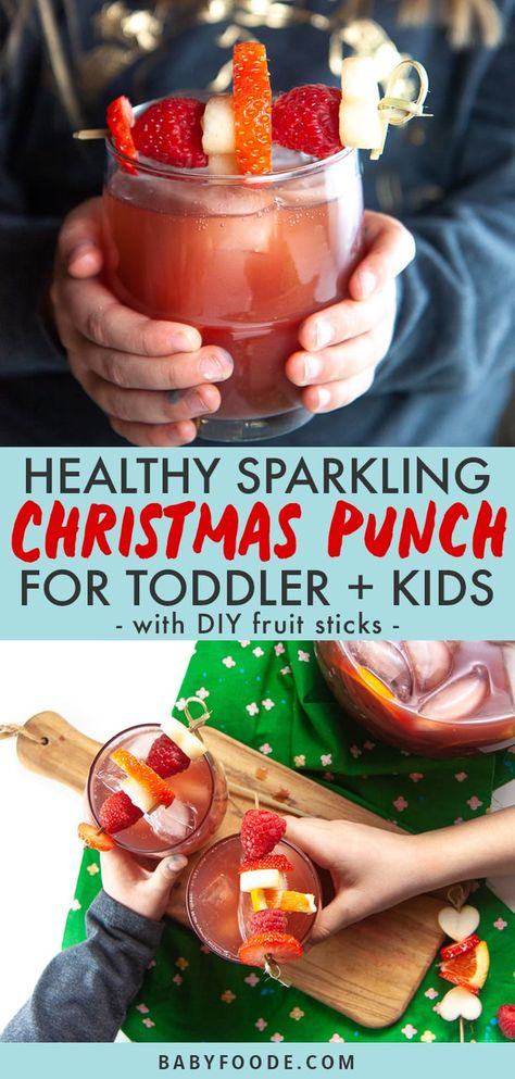 This Healthy Sparkling Christmas Punch is a fun twist on the classic version - but made with wholesome ingredients that is perfect for kids ages 1 and up! Plus, they get to make their own DIY Fruit Skewers to garnish their fancy "grown up" drink. #christmaspunch #healthy #toddler Christmas Punch For Kids, Punch For Kids, Kids Drinks Party, Punch Recipes For Kids, Healthy Drinks For Kids, Christmas Party Drinks, Kid Friendly Drinks, Fruit Sticks, Kids Punch